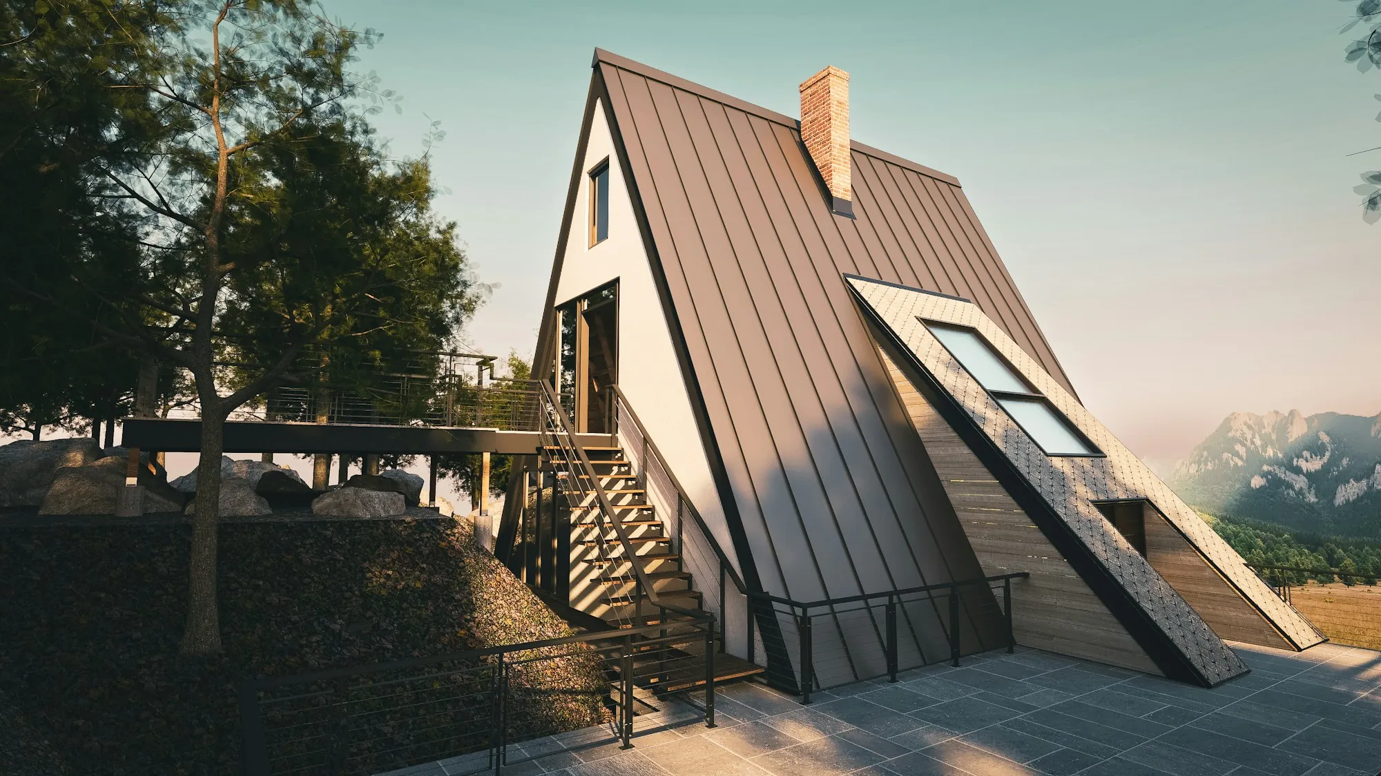 A-frame cabin with a bronze standing seam metal roof